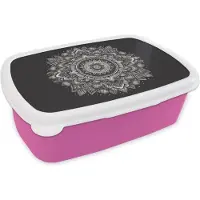 MuchoWow Broodtrommel Roze - Lunchbox - Brooddoos - Mandala - Zwart wit - Bloemen - Bohemian - Natuur - 18x12x6 cm - Kinderen - Meisje