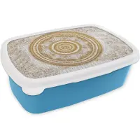 MuchoWow Broodtrommel Blauw - Lunchbox - Brooddoos - Mandala - Bloemen - Goud - Wit - Design - 18x12x6 cm - Kinderen - Jongen