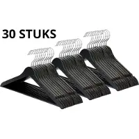 Wicotex -Kledinghanger – SET 30 stuks - houten-kleerhanger, met rok inkepingen en broekspijpen, draaibare haak, Dames en heren kleding - ZWART