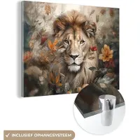 MuchoWow Glasschilderij 160x120 cm - Schilderij acrylglas - Leeuw - Wilde dieren - Planten - Natuur - Bloemen - Foto op glas - Muurdecoratie woonkamer - Wanddecoratie slaapkamer - Schilderijen
