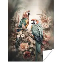 PosterMonkey Poster Papegaaien - Vogels - Natuur - Bloemen - 90x120 cm