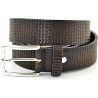 Scotts Bluf BRUINE 3,5CM BREDE RIEM GEMAAKT VAN SOEPEL ITALIAANS LEER MET GOLF PATROON EN DONKERE ZIJKANTEN. MAAT 115