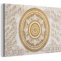 MuchoWow Wanddecoratie Metaal - Aluminium Schilderij Industrieel - Mandala - Bloemen - Goud - Wit - Design - 30x20 cm - Dibond - Foto op aluminium - Industriële muurdecoratie - Voor de woonkamer/slaapkamer