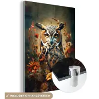 MuchoWow Glasschilderij 120x160 cm - Schilderij acrylglas - Uil - Vogel - Bloemen - Planten - Botanisch - Foto op glas - Muurdecoratie woonkamer - Wanddecoratie slaapkamer - Schilderijen