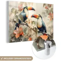 MuchoWow Glasschilderij 180x120 cm - Schilderij acrylglas - Toekan - Vogels - Bloemen - Tak - Foto op glas - Muurdecoratie woonkamer - Wanddecoratie slaapkamer - Schilderijen