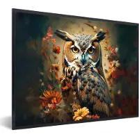PosterMonkey Fotolijst incl. Poster - Uil - Vogel - Bloemen - Planten - Botanisch - 80x60 cm - Posterlijst