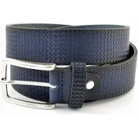 Scotts Bluf BLAUWE 3,5CM BREDE RIEM GEMAAKT VAN SOEPEL ITALIAANS LEER MET GOLF PATROON EN DONKERE ZIJKANTEN. MAAT 105