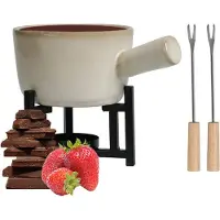 Excellent houseware Chocoladefondue setje met houder - porselein - beige - incl. 2 vorken