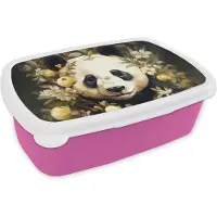 MuchoWow Broodtrommel Roze - Lunchbox Panda - Pandabeer - Wilde dieren - Natuur - Bloemen - Brooddoos 18x12x6 cm - Brood lunch box - Broodtrommels voor kinderen en volwassenen