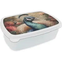 MuchoWow Broodtrommel Wit - Lunchbox Pauw - Vogel - Bloemen - Planten - Pauwenveren - Brooddoos 18x12x6 cm - Brood lunch box - Broodtrommels voor kinderen en volwassenen