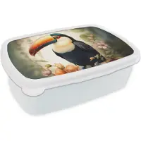 MuchoWow Broodtrommel Wit - Lunchbox Toekan - Vogel - Bloemen - Planten - Brooddoos 18x12x6 cm - Brood lunch box - Broodtrommels voor kinderen en volwassenen