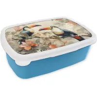 MuchoWow Broodtrommel Blauw - Lunchbox Toekan - Vogels - Bloemen - Tak - Brooddoos 18x12x6 cm - Brood lunch box - Broodtrommels voor kinderen en volwassenen