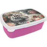 MuchoWow Broodtrommel Roze - Lunchbox Tijger - Wilde dieren - Bloemen - Jungle - Brooddoos 18x12x6 cm - Brood lunch box - Broodtrommels voor kinderen en volwassenen