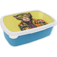 MuchoWow Broodtrommel Blauw - Lunchbox - Brooddoos - Aap - Dieren - Bril - Design - Bloemen - 18x12x6 cm - Kinderen - Jongen