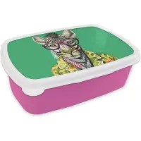 MuchoWow Broodtrommel Roze - Lunchbox - Brooddoos - Zebra - Bril - Hippie - Bloemen - Dieren - 18x12x6 cm - Kinderen - Meisje
