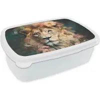 MuchoWow Broodtrommel Wit - Lunchbox Leeuw - Leeuwenkop - Wilde dieren - Bloemen - Brooddoos 18x12x6 cm - Brood lunch box - Broodtrommels voor kinderen en volwassenen