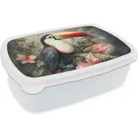 MuchoWow Broodtrommel Wit - Lunchbox Toekan - Vogels - Bloemen - Planten - Tropisch - Brooddoos 18x12x6 cm - Brood lunch box - Broodtrommels voor kinderen en volwassenen