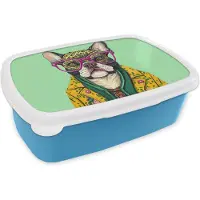MuchoWow Broodtrommel Blauw - Lunchbox - Brooddoos - Hond - Hippie - Dieren - Bril - 18x12x6 cm - Kinderen - Jongen
