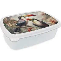MuchoWow Broodtrommel Wit - Lunchbox Toekan - Vogels - Bloemen - Jungle - Brooddoos 18x12x6 cm - Brood lunch box - Broodtrommels voor kinderen en volwassenen