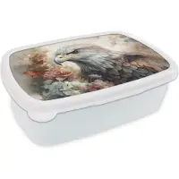 MuchoWow Broodtrommel Wit - Lunchbox Arend - Adelaar - Vogel - Bloemen - Natuur - Brooddoos 18x12x6 cm - Brood lunch box - Broodtrommels voor kinderen en volwassenen