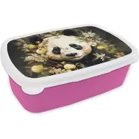MuchoWow Broodtrommel Roze - Lunchbox Panda - Pandabeer - Wilde dieren - Natuur - Bloemen - Brooddoos 18x12x6 cm - Brood lunch box - Broodtrommels voor kinderen en volwassenen