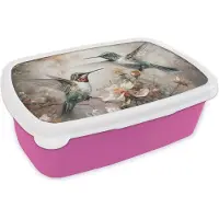 MuchoWow Broodtrommel Roze - Lunchbox Kolibrie - Vogels - Bloemen - Planten - Brooddoos 18x12x6 cm - Brood lunch box - Broodtrommels voor kinderen en volwassenen