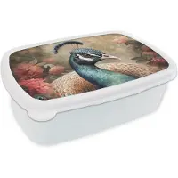 MuchoWow Broodtrommel Wit - Lunchbox Pauw - Vogel - Bloemen - Planten - Pauwenveren - Brooddoos 18x12x6 cm - Brood lunch box - Broodtrommels voor kinderen en volwassenen