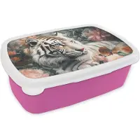 MuchoWow Broodtrommel Roze - Lunchbox Tijger - Wilde dieren - Bloemen - Jungle - Brooddoos 18x12x6 cm - Brood lunch box - Broodtrommels voor kinderen en volwassenen