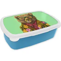 MuchoWow Broodtrommel Blauw - Lunchbox - Brooddoos - Beer - Kleuren - Bril - Dier - Bloemen - 18x12x6 cm - Kinderen - Jongen