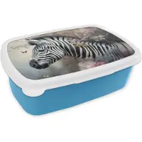 MuchoWow Broodtrommel Blauw - Lunchbox Zebra - Wilde dieren - Vlinder - Bloemen - Brooddoos 18x12x6 cm - Brood lunch box - Broodtrommels voor kinderen en volwassenen