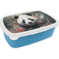 MuchoWow Broodtrommel Blauw - Lunchbox Panda - Wilde dieren - Bloemen - Natuur - Brooddoos 18x12x6 cm - Brood lunch box - Broodtrommels voor kinderen en volwassenen