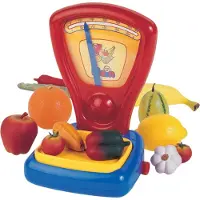 Klein Toys groente- en fruitschaal - 16x14x24 cm - incl. weegplateau, dat inzakt als je er iets op weegt - rood blauw