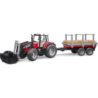BRUDER 7480 tractor met voorlader, houttransporter en 3 boomstammen