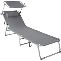 Merkloos tectake - ligstoel, robuust, verstelbaar, stalen onderstel met zonnescherm, 4-standen rugleuning inclusief hoofdkussen, strandstoel Ideaal voor tuin, zwembad, camping - grijs