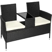 TecTake - wicker tuinbank met tafel, 2-zitsbank, 131 x 61 x 82 cm, bank voor tuinbalkon en terras, tuinbank inclusief zitkussen - zwart/beige - poly-rattan
