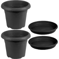 Hega hogar 5x stuks ronde plantenpotten antraciet grijs met opvangschaal met diameter 14 cm - Kunststof - Buiten gebruik
