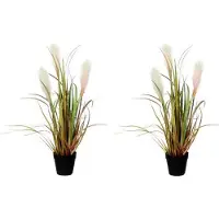 Mica Decorations Groen/bruine riet gras/pluimgras kunstplant 53 cm Siergras in zwarte plastic pot - 2x - Kunstplanten/nepplanten