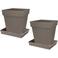 Eda Set van 2x stuks bloempotten Toscane vierkant kunststof taupe 32 x 32 x 32 cm inclusief onderschalen - Bloempot set