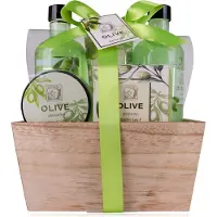 Accentra Badeset OLIVE in Holzbox, inkl. 270ml Duschgel, 270ml Schaumbad, 100ml Bodylotion, 60ml Körperpee...