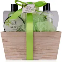 Accentra OLIVE badset in houten doos, incl. 150ml douchegel, 150ml bodylotion, 100g badzout, 60ml body scrub