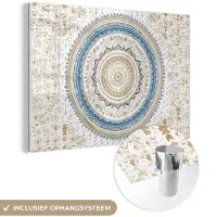 MuchoWow Glasschilderij 180x120 cm - Schilderij acrylglas - Mandala - Blauw - Bohemian - Wit - Design - Foto op glas - Schilderijen