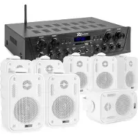 Power Dynamics Geluidsinstallatie met Bluetooth - PV240BT 4-zone versterker audio + 8 BGO30 witte 3'' speakers