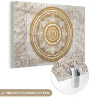 MuchoWow Glasschilderij 180x120 cm - Schilderij acrylglas - Mandala - Bloemen - Goud - Wit - Design - Foto op glas - Schilderijen