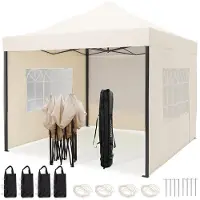 LifeGoods Partytent - Paviljoen - EasyUp - Opvouwbaar - Waterdicht - Met Draagtas met wieltjes - 300 x 300 cm - Beige