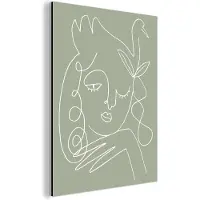 MuchoWow Wanddecoratie Metaal - Aluminium Schilderij Industrieel - Vrouw - Vogel - Haar - Groen - Line art - 60x80 cm - Dibond - Foto op aluminium - Industriële muurdecoratie - Voor de woonkamer/slaapkamer