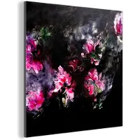 MuchoWow Wanddecoratie Metaal - Aluminium Schilderij Industrieel - Bloemen - Kunst - Verf - Roze - Zwart - 90x90 cm - Dibond - Foto op aluminium - Industriële muurdecoratie - Voor de woonkamer/slaapkamer