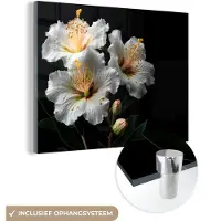 MuchoWow Glasschilderij 160x120 cm - Schilderij acrylglas - Bloemen - Wit - Hibiscus - Natuur - Zwart - Foto op glas - Schilderijen