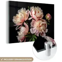MuchoWow Glasschilderij 180x120 cm - Schilderij acrylglas - Pioenrozen - Bloemen - Natuur - Roze - Wit - Foto op glas - Schilderijen