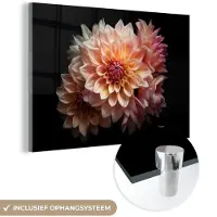 MuchoWow Glasschilderij 180x120 cm - Schilderij acrylglas - Dahlia - Bloemen - Roze - Zwart - Botanisch - Foto op glas - Schilderijen