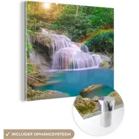 MuchoWow Glasschilderij 50x50 cm - Schilderij acrylglas - Regenboog - Zon - Waterval - Natuur - Foto op glas - Schilderijen